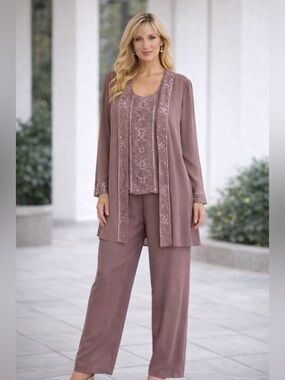 Mauve Embellished Dress & Jacket Set Women’s Size L Beaded Formal Wedding NWOT